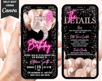 Invitación animada para el quinto cumpleaños de niña, invitación digital con purpurina oro rosa, invitación editable para fiesta en rosa neón, plantilla de Canva para invitación telefónica