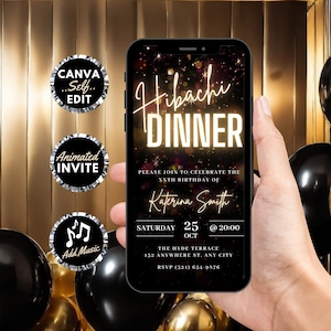 Digital Hibachi Flyer Invitation, Animated Birthday Dinner Party Invite, Gold Japanese Restaurant Evite, Self Editable DIY Template eCard