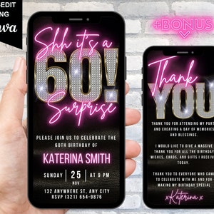 Digital Surprise 60th Invitation, Animated 60th Birthday Invite, Dinner Pink Bling Evite For Women, Self Editable Canva Thank You eCard