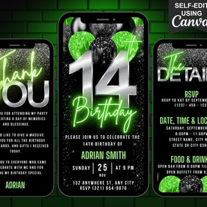 Digitale Einladung zum 14. Geburtstag, animierte Geburtstagseinladung zum 14. Geburtstag, Teenager Neon Green 14 Jahre altes Evite, bearbeitbarer Reiseplan & Danke eCard