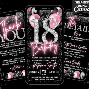 Digital 18th Birthday Invitation, Blush Pink 18 Balloon Diamond Invite, Eighteen Animated Evite, Self Editable Itinerary & Thank You eCard