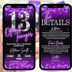 Digitale Einladung zum 13. Geburtstag, animierte Glitter Purple offizielle Teenager Party einladen, Mädchen Pflaume Evite, selbst bearbeitbare Reiseplan eCard