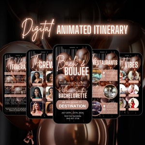 May include: A digital animated itinerary for a bachelorette party. The itinerary includes a list of activities, restaurants, and outfits for each day of the trip. The itinerary is decorated with rose gold balloons and the text "Bach & Boujee" is featured prominently. The text "Katerina Smith's Bachelorette" is also included. The itinerary is for July 20th-25th, 2024.