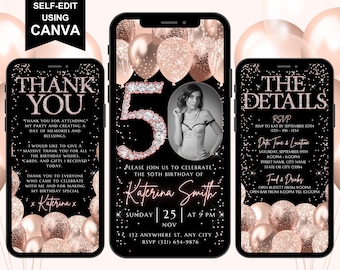 Plantilla de invitación digital para 50 cumpleaños, itinerario electrónico, invitación con confeti rosa dorado, tarjeta de agradecimiento, foto personal