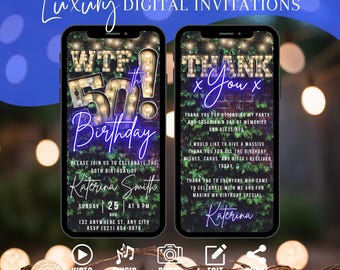 Digital 50th Birthday Invitation, Animated WTF 50 Backyard BBQ Invite For Men, Rustic Blue Party Evite For Him, Self Editable Template eCard
