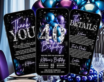 Digital 40th Birthday Invitation, Animated Blue Purple Forty Diamond Dinner Party Invite, Brunch Evite For Women, Self Edit Itinerary eCard