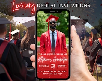 Mens Red Graduation Party Invitation, Digital Animated Picture Grad Announcement Invite, Class of 2026 Law Evite, Editable Template eCard