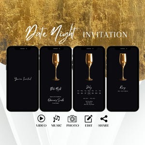 Convite minimalista dourado para encontro romântico, convite de aniversário animado elegante, convite para festa masculina, modelo digital de champanhe, cartão eletrônico feminino editável