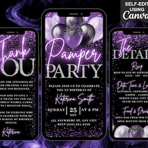 Flyer numérique dorloter fête d&#39;anniversaire faire-part, pyjama violet soirée pyjama, Eviter journée spa, itinéraire auto-modifier eCard