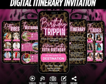 Digitale verjaardagsuitnodiging weekend reisplan, Trippin vakantie meisjes, Pink Leopard reisschema sjabloon, zelf bewerkbare planner