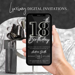 18th Birthday Party Invitation, Digital Silver Dinner Invite For Men, Eighteenth Video Evite For Him, Self Editable DIY Template eCard
