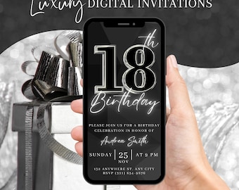 18th Birthday Party Invitation, Digital Silver Dinner Invite For Men, Eighteenth Video Evite For Him, Self Editable DIY Template eCard