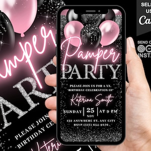 Digital Pamper Party Birthday Invitation, Blush Pink Pajama Girls Sleepover Invite, Spa Day Glitz & Glam Evite, Self Editable Template eCard