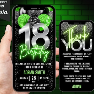 Digital 18th Birthday Invitation for Boys, Animated 18th Party Invite, Teenager Neon Green 13 Year Old Evite, Self Editable Thank You eCard
