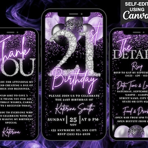 Convite digital para aniversário de 21 anos, convite animado para brunch em roxo, convite violeta para mulheres, cartão eletrônico autoeditável para jantar