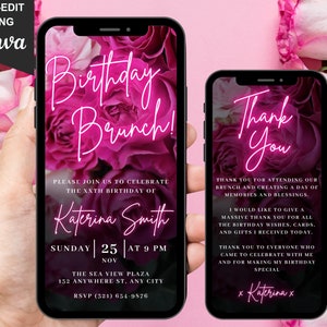 Digitale Geburtstags-Brunch-Party-Einladung, digitales rosa Blumentelefon-Einladung für sie, animierte Einladung für jedes Alter, bearbeitbare Danke Ecard