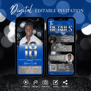 Editable 18th Birthday Invitation for Men, Dinner Party Evite, Classy Blue and Silver Digital Template, Social 18th Milestone Party Template