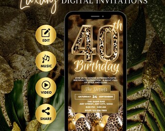 Invito per il 40° compleanno per lei, modello digitale per festa con stampa leopardata e ghepardo dorato