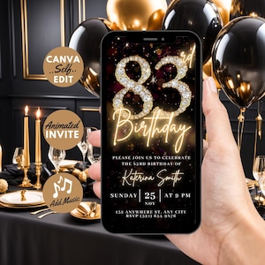 83e digitale flyer verjaardagsuitnodiging, Surprise 83 dinerfeestuitnodiging, Gold Diamond video-evite voor vrouwen, zelf bewerken DIY-sjabloon e-card