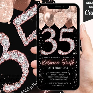 35th Digital Flyer Birthday invitation, Animated Rose Gold 35 Dinner Party Invite For Her, Diamond Evite For Women, Self Edit Template eCard