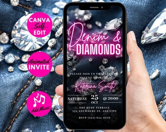 Digital Denim & Diamonds Flyer Invitation, Animated Birthday Dinner Party Invite, Cowgirl Denim Event Evite, Self Editable DIY Planner eCard