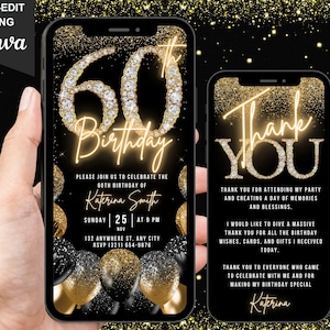 Digital 60th Birthday Invitation For Her, 60 Invite, Black Gold Silver Balloon Diamond Video Party Evite For Women, Editable Thank You eCard