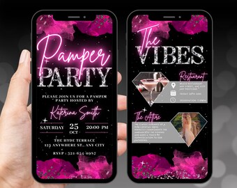 Invitación digital para fiesta de mimos, invitación de cumpleaños animada en rosa intenso, invitación de spa, pijamada para niñas, tarjeta electrónica con itinerario autoeditable