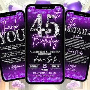 Digital 45th Birthday Invitation, Animated Purple Womens 45 Diamond Invite For Her, Luxury Evite, Editable Video Itinerary & Thank You eCard