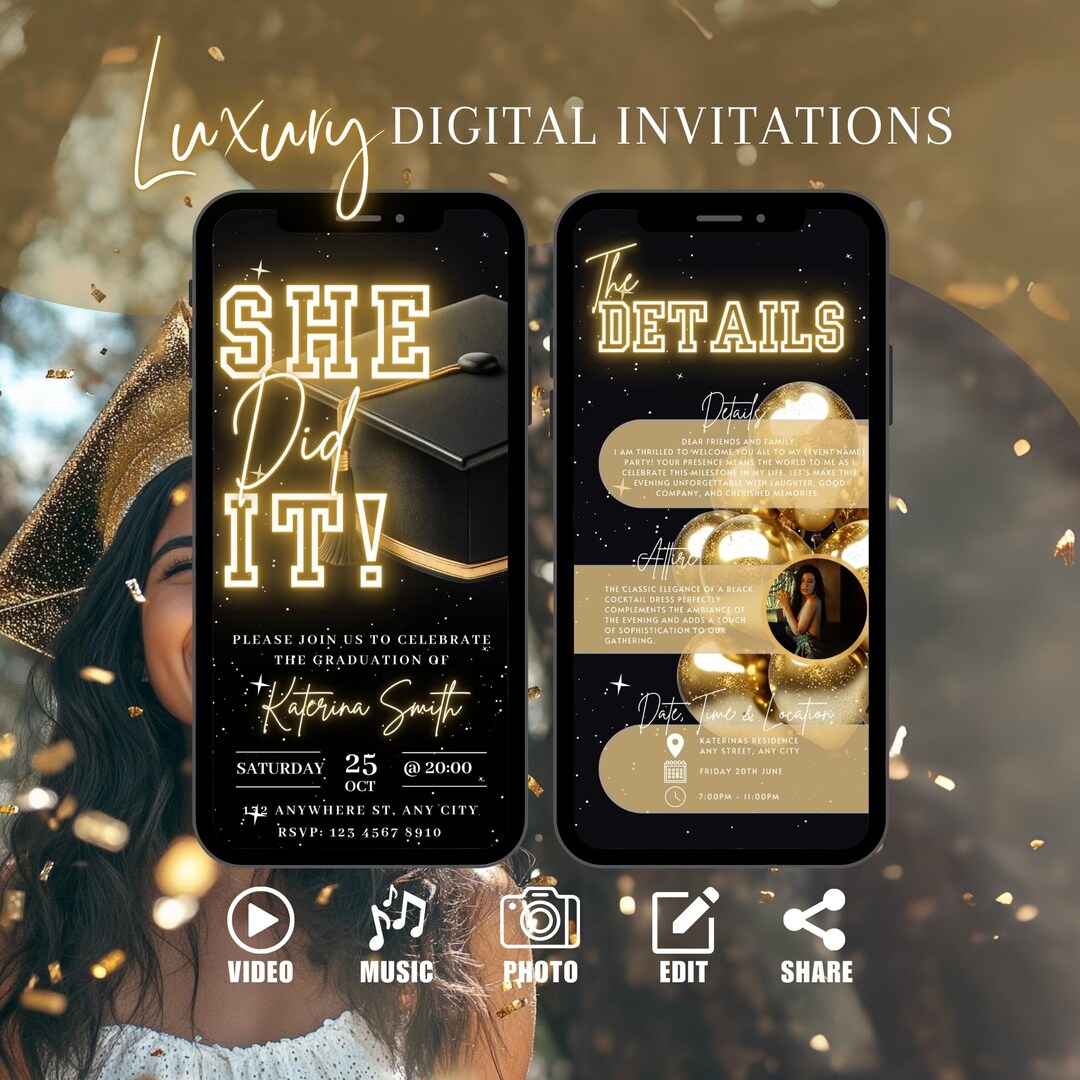 Digital Graduation She Did It Invitation, Gold Class of 2025 Graduate ...