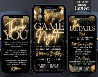May include: Three black and gold smartphone mockups with a glittery background. The first phone says "Thank You" with a gold glitter background. The second phone says "Game Night!" with gold balloons and confetti. The third phone says "The Details" with a gold glitter background and the text "RSVP to Kat by September 10th (123)-456-1234".