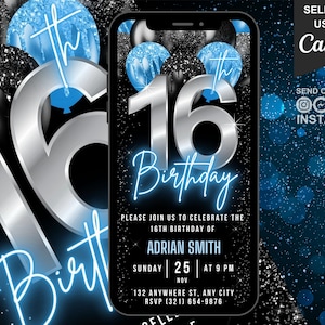Digitale 16e verjaardagsuitnodiging voor jongens, 16e verjaardagsuitnodiging voor meisjes, tiener Evite neonblauw 16 jaar oude zelf bewerkbare telefoon e-card