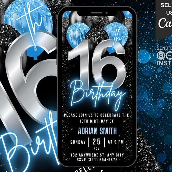 Digital 16th Birthday Invitation for Boys, 16th Birthday Invite For Girls, Teenager Evite Neon Blue 16 year old Self Editable Phone eCard