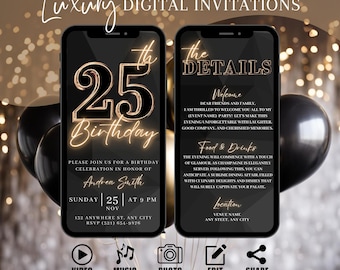 Invito digitale per la festa del 25° compleanno, invito animato per cena Black Gold per donne, invito per il brunch per lei, eCard con itinerario fai da te modificabile