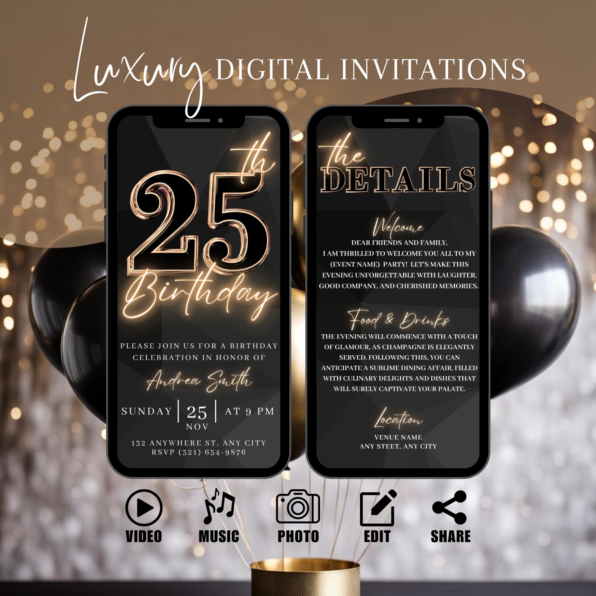 Digital 25th Birthday Party Invitation, Animated Black Gold Dinner