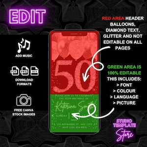 May include: A digital template for a 50th birthday invitation. The template features a red background with a large number 50 made of white flowers. The number is surrounded by red balloons and confetti. The text "PLEASE JOIN US TO CELEBRATE THE 50TH BIRTHDAY OF Katerina Smith" is written in white on a green background. The date and time of the event are written below the text. The template is editable and includes options for font, color, language, and picture.