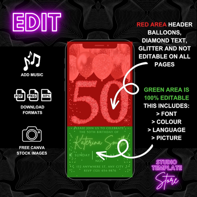 May include: A digital template for a 50th birthday invitation. The template features a red background with a large number 50 made of white flowers. The number is surrounded by red balloons and confetti. The text "PLEASE JOIN US TO CELEBRATE THE 50TH BIRTHDAY OF Katerina Smith" is written in white on a green background. The date and time of the event are written below the text. The template is editable and includes options for font, color, language, and picture.