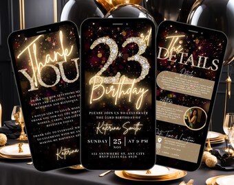 23rd Digital Flyer Birthday Invitation, Surprise 23 Dinner Party Invite, Gold Diamond Video Evite For Women, Self Edit DIY Itinerary eCard