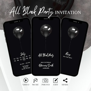Elegant All Black Party Invitation, Minimalist Animated Birthday Invite, Men Party Evite, Classy Digital Template, Women&#39;s Editable Ecard