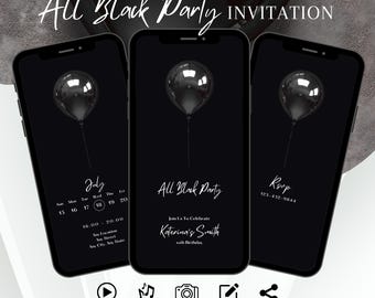 Editable Black Birthday Party Invitation, Minimalist All Black Invite, Animated Classy Evite