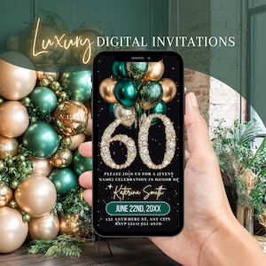 Digital 60th Birthday Invitation, Animated Green Gold Surprise Invite, Diamond Brunch Evite, Dinner Party Editable Template Ecard For Women
