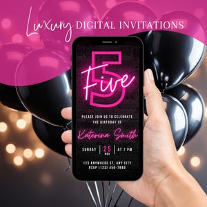 Faire-part numérique pour 5e anniversaire, invitation animée cinquième fête pour filles, message téléphonique néon rose Evite, modèle de carte électronique auto-modifiable