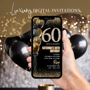 Digital 60th Birthday Party Invitation For Men, 60th Glam Invite Ecard, Video Black Gold Silver Diamond Evite For Him, Editable Template