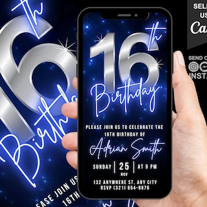Invito digitale per il 16° compleanno, invito animato per la festa del 16° compleanno, font neon blu argento cromato, invito di testo, modello modificabile