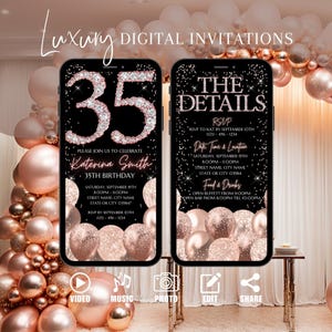 Digital 35th Invitation, Animated 35th Birthday Party Invite, Rose Gold Dinner Evite For Women, Brunch eCard For Her, Self Editable Template