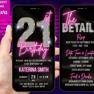 K&ouml;nnte beinhalten: Eine digitale Einladung zu einer 21. Geburtstagsfeier. Die Einladung zeigt eine gro&szlig;e, glitzernde Zahl 21 mit pinkfarbenem Neontext, der "Geburtstag" lautet. Die Einladung enth&auml;lt auch den Namen "Katerina Smith" und Details zur Party, einschlie&szlig;lich Datum, Uhrzeit und Ort. Die Einladung ist so gestaltet, dass sie wie ein Smartphone-Bildschirm aussieht.
