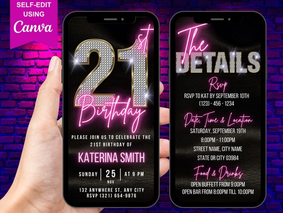 Digital Twenty First 21st Birthday Invitation, Electronic Glam Virtual 21st Party Invite, Diamond Pink Neon Evite, Editable Itinerary eCard