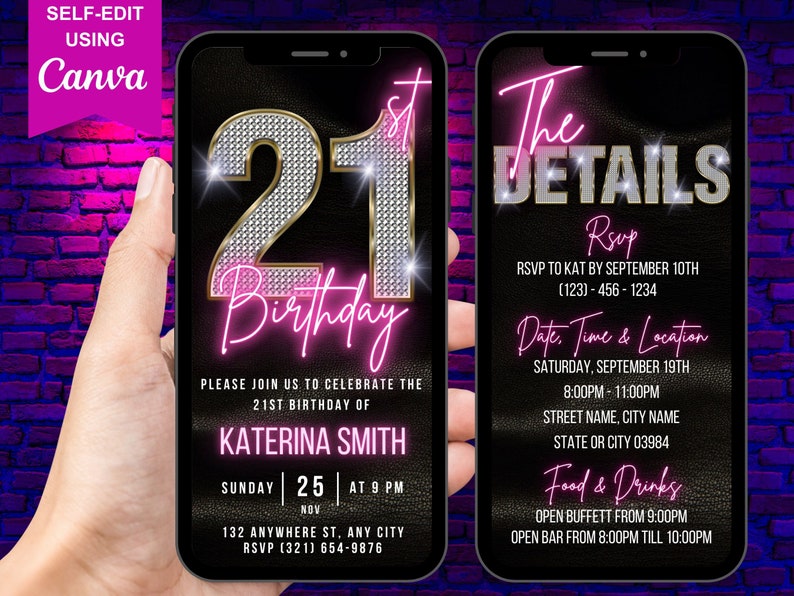 K&ouml;nnte beinhalten: Eine digitale Einladung zu einer 21. Geburtstagsfeier. Die Einladung zeigt eine gro&szlig;e, glitzernde Zahl 21 mit pinkfarbenem Neontext, der "Geburtstag" lautet. Die Einladung enth&auml;lt auch den Namen "Katerina Smith" und Details zur Party, einschlie&szlig;lich Datum, Uhrzeit und Ort. Die Einladung ist so gestaltet, dass sie wie ein Smartphone-Bildschirm aussieht.