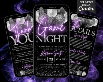 May include: Three smartphones showing a game night invitation. The design has a black background with silver glitter and purple neon text. The text includes "Game Night," "Thank You," and event details.