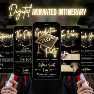 Digital Graduation Party Invitation, Animated Gold College Announcement Invite, She Did It Evite, Self Editable Vibes Itinerary eCard Bundle