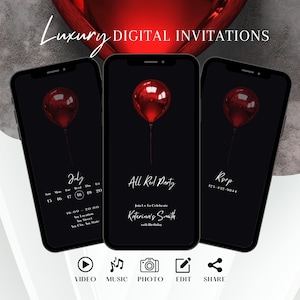 Faire-part de fête élégant tout rouge, invitation d&#39;anniversaire animée minimaliste, Evite de fête rouge pour homme, modèle numérique chic, carte électronique modifiable pour femme